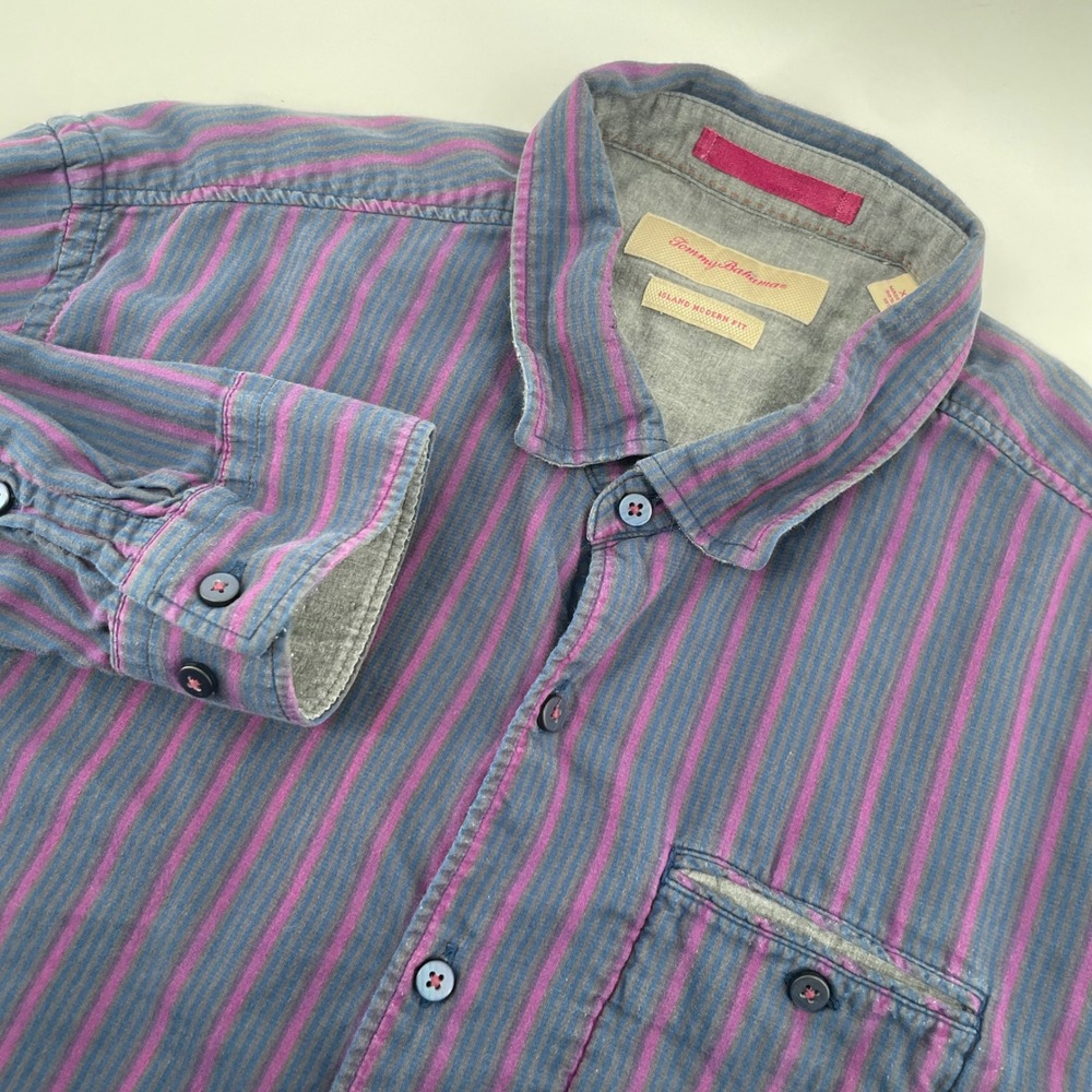 Tommy Bahama Button Down Mens XL Blue Purple Striped Silk Island Modern Fit